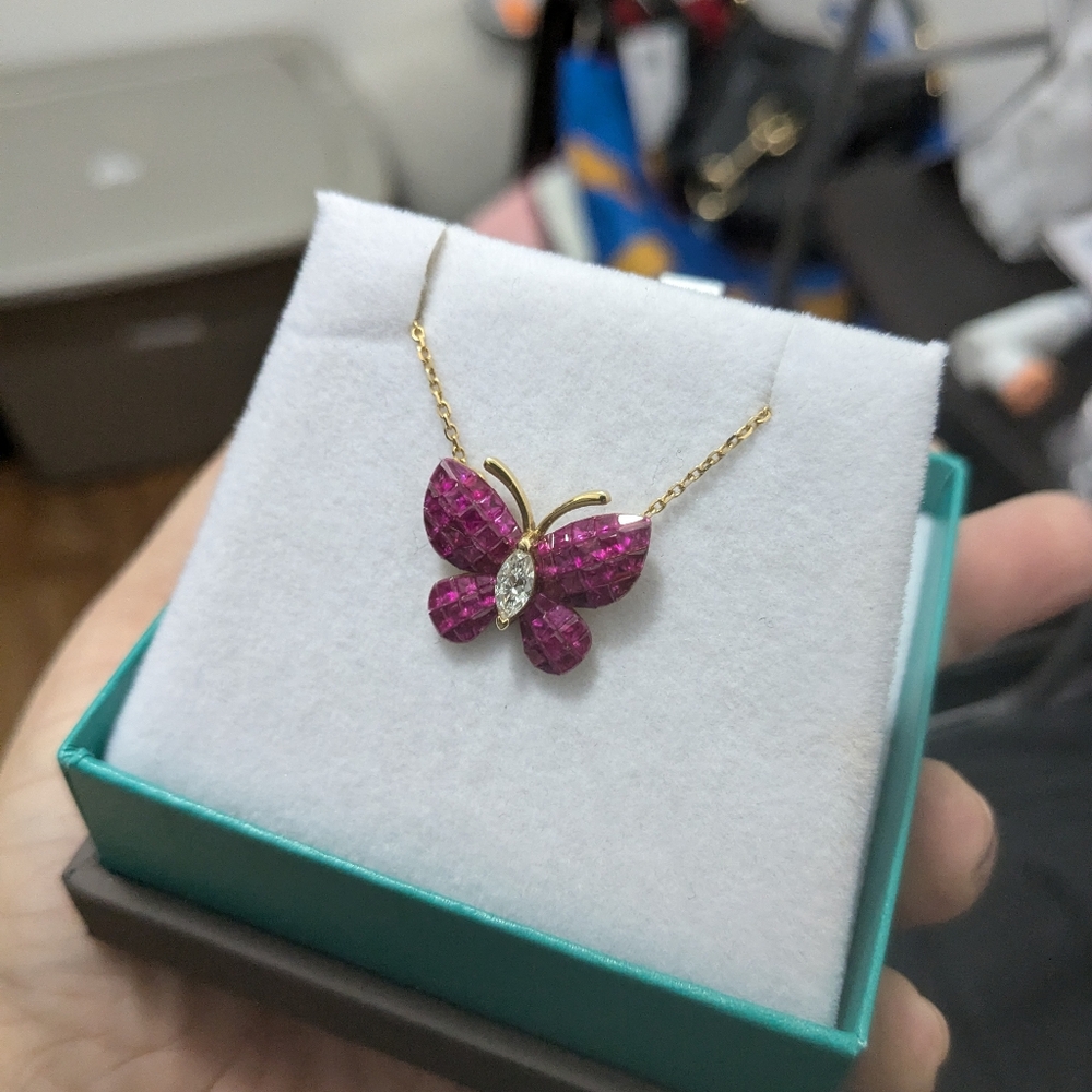 750/18K YG Invisible set Rubies and Diamond Butterfly Necklace - Picture 2 of 16